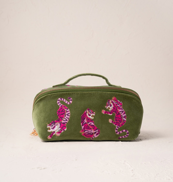 Elizabeth Scarlett Wild Tiger Fern Green Velvet Open Flat Makeup Bag