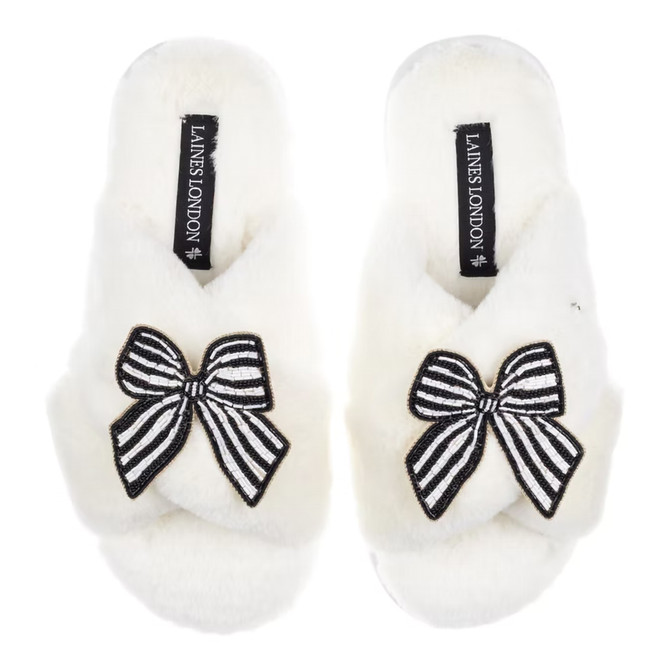 Laines London Classic Black Stripe Bows Cream Slipper UK 7-8