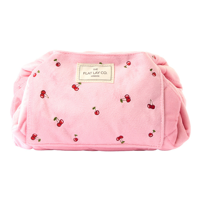 THE FLAT LAY CO Drawstring Flat Lay Makeup Bag - Ditsy Cherries Pink Embroidered Velvet
