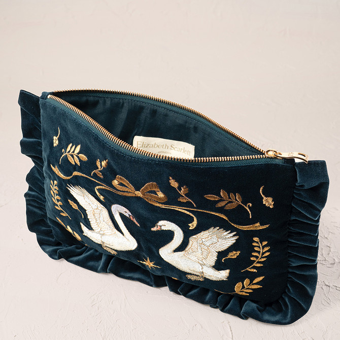 Elizabeth Scarlett Majestic Swans Velvet Frill Pouch - Ink Blue