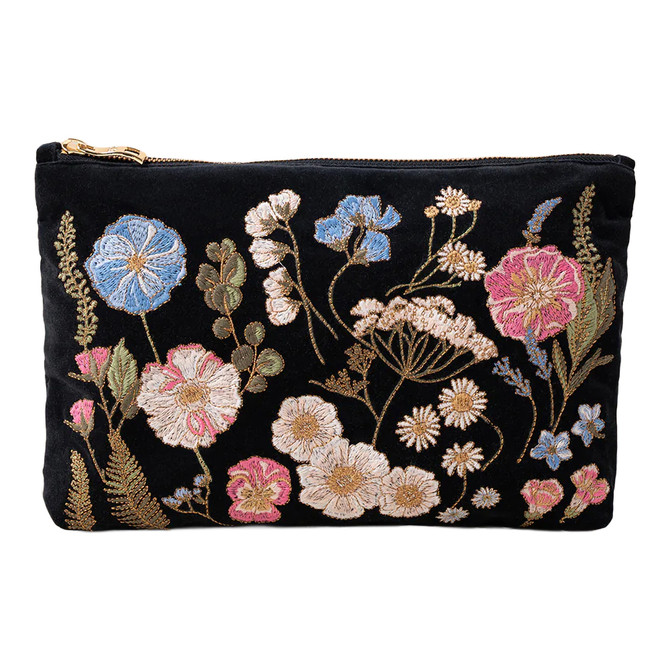 Elizabeth Scarlett Pressed Flowers Velvet Everyday Pouch - Charcoal
