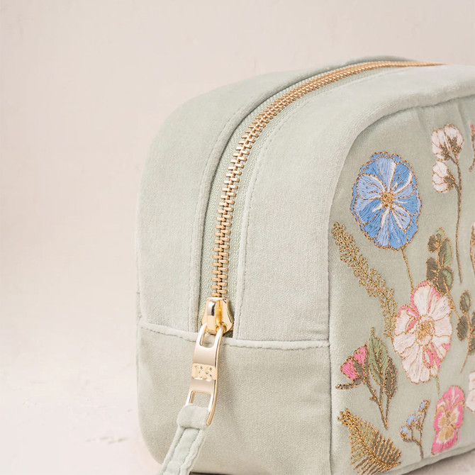 Elizabeth Scarlett Pressed Flowers Velvet Sage Makeup Bag