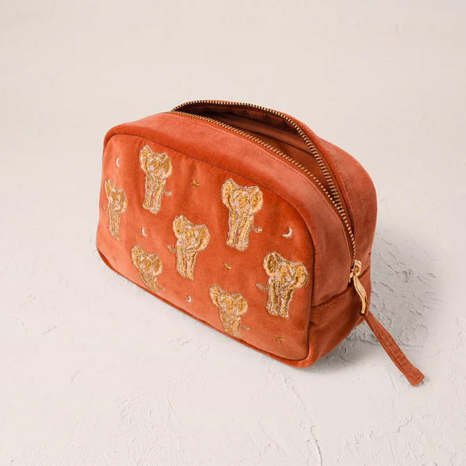 Elizabeth Scarlett Golden Elephants Velvet Rust Makeup Bag