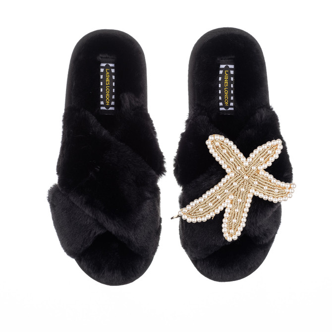 Laines London Classic Black Slippers with Pearl & Gold Starfish Brooch