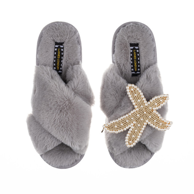 Laines London Classic Grey Slippers with Pearl & Gold Starfish Brooch