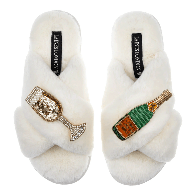 Laines London Classic Cream Slippers with Double Champagne Brooch