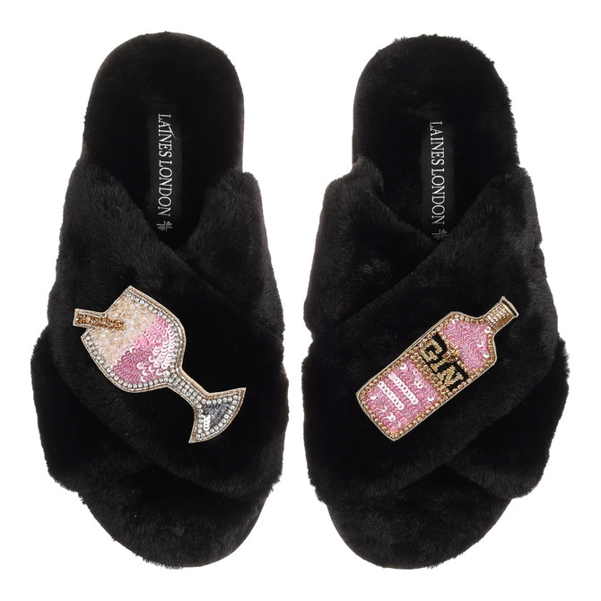 Laines London Classic Black Slippers with Double Pink Gin Brooch