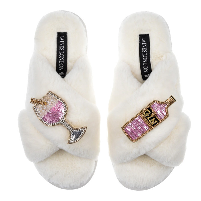 Laines London Classic Cream Slippers with Double Pink Gin Brooch