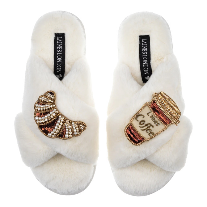 Laines London Classic Cream Slippers with Double Coffee & Croissant Brooch