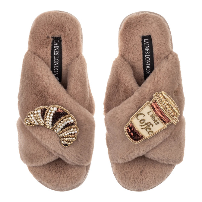 Laines London Classic Toffee Slippers with Double Coffee & Croissant Brooch