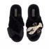 Laines London Classic Black Slippers with Pearl & Gold Lobster Brooch