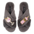 Laines London Classic Grey Slippers with Double Pink Gin Brooch