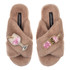 Laines London Classic Toffee Slippers with Double Pink Gin Brooch