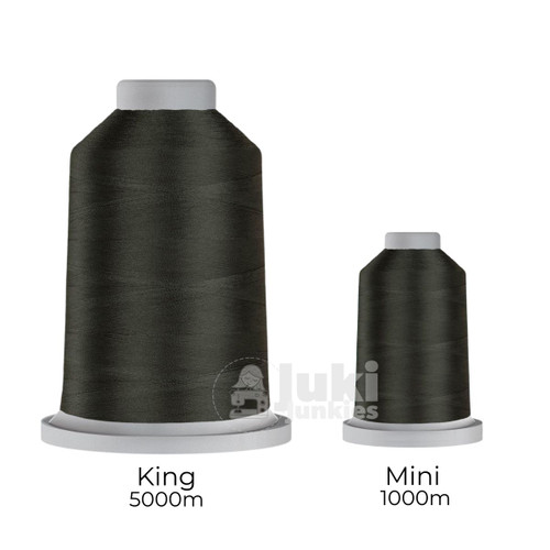 Close-up of two spools of Glide 40 weight polyester thread in Army Green: a large King spool (5,500 yards) and a smaller Mini spool (1,100 yards), shown side by side for size comparison, with a smooth texture and noticeable sheen.