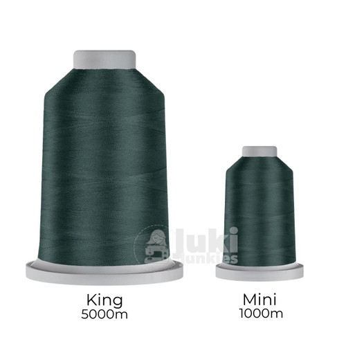 Close-up of two spools of Glide 40 weight polyester thread in Cadet: a large King spool (5,500 yards) and a smaller Mini spool (1,100 yards), shown side by side for size comparison, with a smooth texture and noticeable sheen.