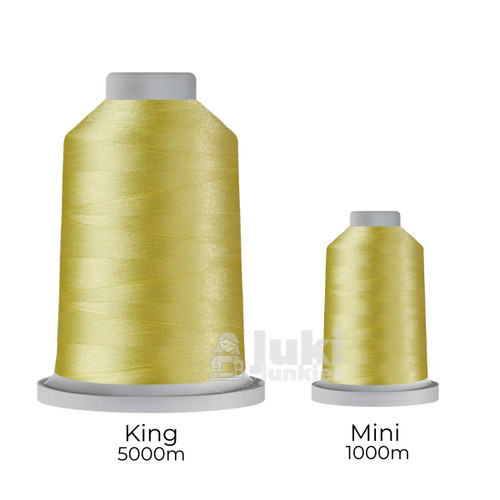 Close-up of two spools of Glide 40 weight polyester thread in Funshine: a large King spool (5,500 yards) and a smaller Mini spool (1,100 yards), shown side by side for size comparison, with a smooth texture and noticeable sheen.