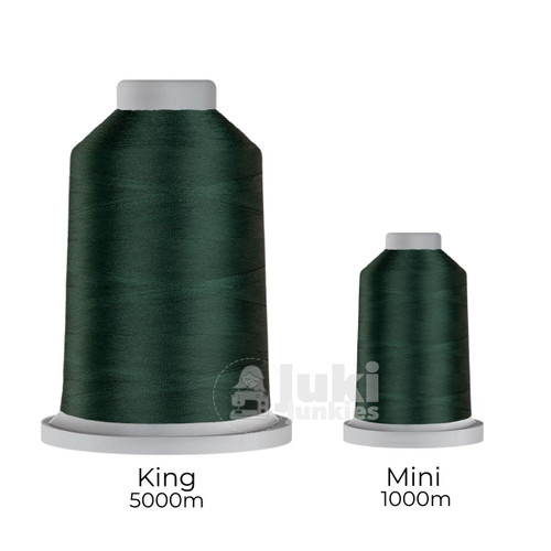 Close-up of two spools of Glide 40 weight polyester thread in Meadow Green: a large King spool (5,500 yards) and a smaller Mini spool (1,100 yards), shown side by side for size comparison, with a smooth texture and noticeable sheen.