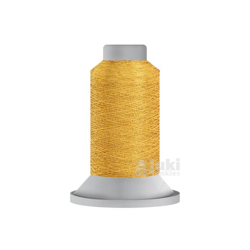 Close-up of a 730-yard spool of Glisten 40 weight metallic rayon thread in Bright Gold, showing its shimmery surface.