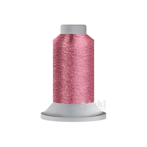 Close-up of a 730-yard spool of Glisten 40 weight metallic rayon thread in Blush, showing its shimmery surface.