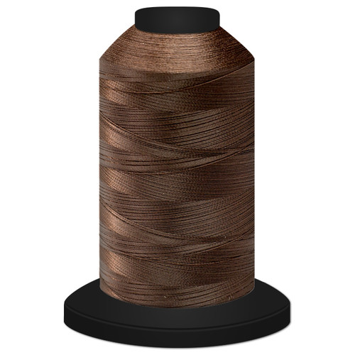 Close-up of a 5,500-yard spool tightly wound with Chocolate Glide 60 weight polyester thread, showing its fine, smooth texture and slight sheen.