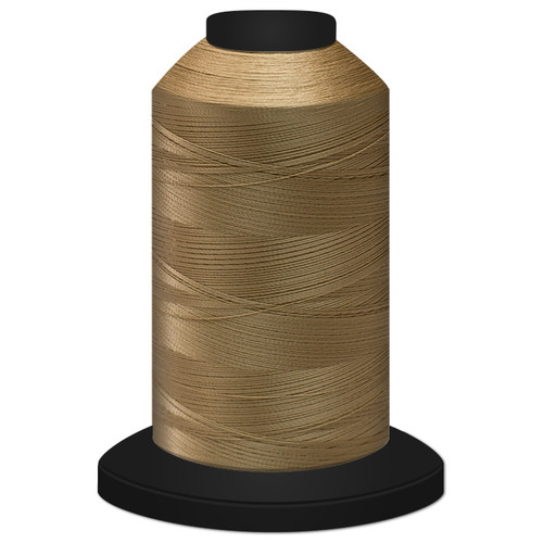 Close-up of a 5,500-yard spool tightly wound with Mocha Glide 60 weight polyester thread, showing its fine, smooth texture and slight sheen.