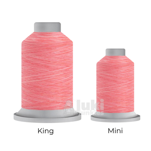 Close-up of two Affinity 40 weight variegated polyester thread spools in shades of pink and peach, highlighting the gradual color transitions. A large King spool (3,000 yards) and a smaller Mini spool (1,000 yards) are side by side for size comparison.