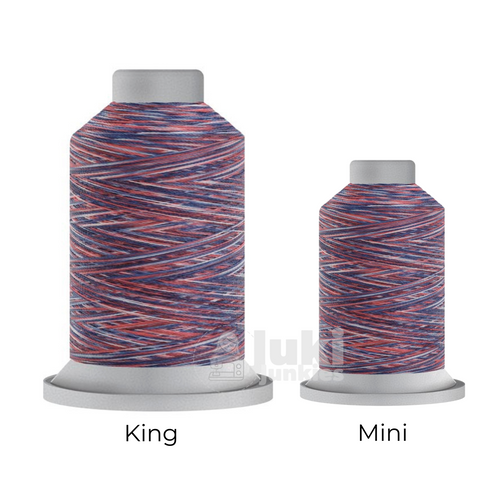 Close-up of two Affinity 40 weight variegated polyester thread spools in shades of red, white, and blue, highlighting the gradual color transitions. A large King spool (3,000 yards) and a smaller Mini spool (1,000 yards) are side by side for size comparison.