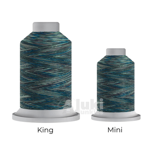 Close-up of two Affinity 40 weight variegated polyester thread spools in shades of blue and green, highlighting the gradual color transitions. A large King spool (3,000 yards) and a smaller Mini spool (1,000 yards) are side by side for size comparison.