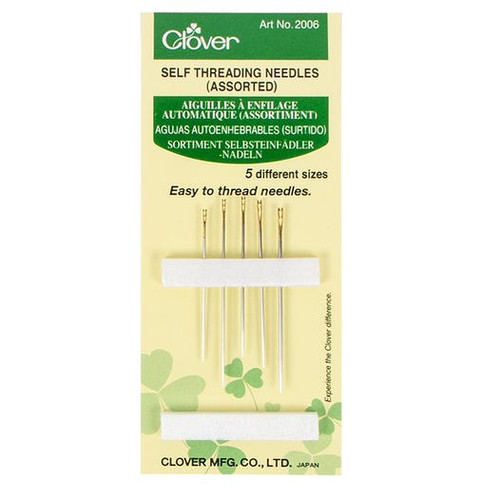 Clover self-threading hand sewing needles in a package with 5 assorted sizes for lightweight to heavy fabric sewing