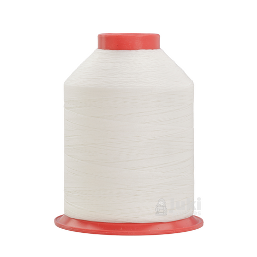 Close-up of a 1,500-yard spool of bonded nylon Tex 70 thread in White, showing its smooth, slightly glossy finish.