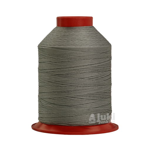 Close-up of a 1,500-yard spool of bonded nylon Tex 70 thread in Hoover Grey, showing its smooth, slightly glossy finish.