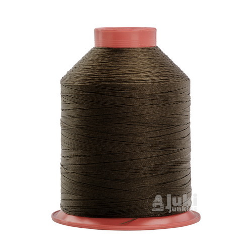 Close-up of a 1,500-yard spool of bonded nylon Tex 70 thread in Dark Brown, showing its smooth, slightly glossy finish.