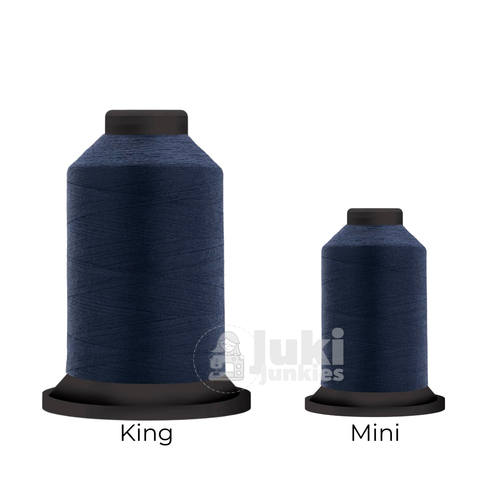 Close-up of two Premo-Soft 50 weight polyester thread spools in Bright Blue, showing a soft, matte texture. A large King spool (3,000 yards) and a smaller Mini spool (670 yards) are side by side for size comparison.