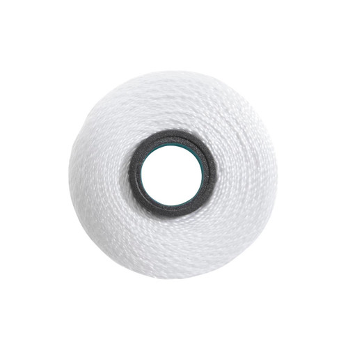 Close-up of a Glide 40 weight polyester thread bobbin in White, size L, with 72 yards of thread.