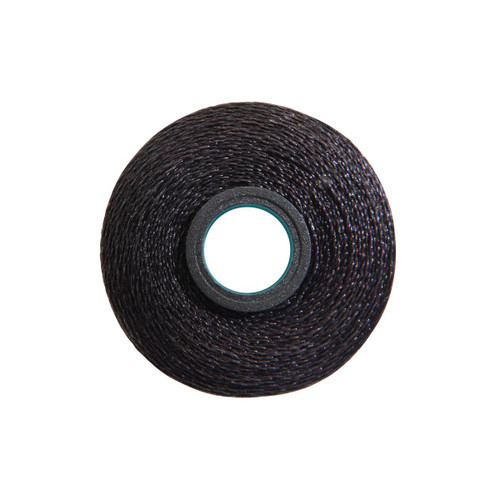 Close-up of a Glide 40 weight polyester thread bobbin in Black, size L, with 72 yards of thread.