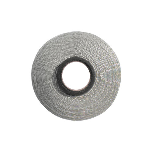 Close-up of a Glide 40 weight polyester thread bobbin in Light Grey, size L, with 72 yards of thread.