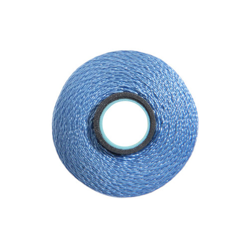 Close-up of a Glide 40 weight polyester thread bobbin in Hawaiian Blue, size L, with 72 yards of thread.