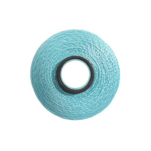 Close-up of a Glide 40 weight polyester thread bobbin in Light Turquoise, size L, with 72 yards of thread.