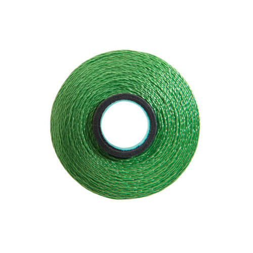 Close-up of a Glide 40 weight polyester thread bobbin in Turf, size L, with 72 yards of thread.