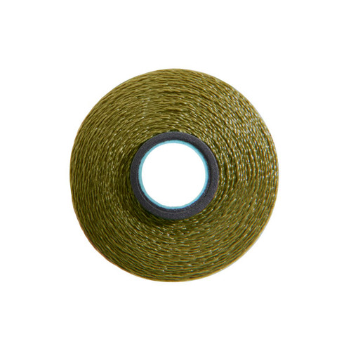 Close-up of a Glide 40 weight polyester thread bobbin in Light Olive, size L, with 72 yards of thread.