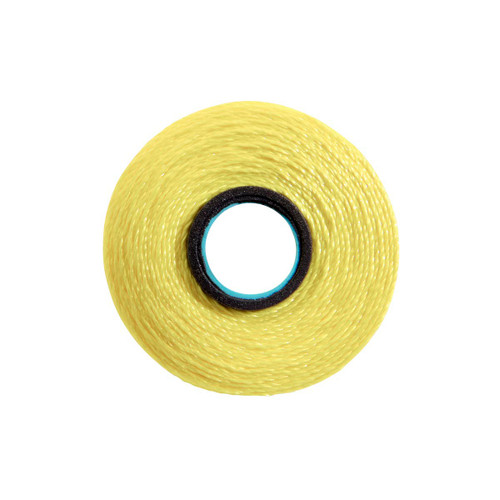 Close-up of a Glide 40 weight polyester thread bobbin in Lemon Ice, size L, with 72 yards of thread.