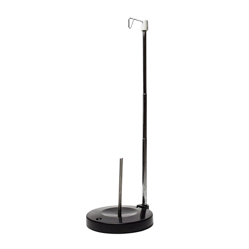 black and metal stand-alone thread stand for using large king size thread spools on any sewing machine