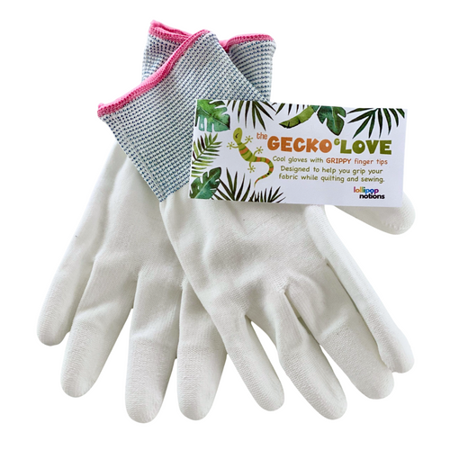Lollipop Notions grippy free motion quilting gloves in white and gray for free motion quilting projects.