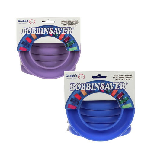 Bobbin Saver showing purple or blue options to contain plastic or metal bobbins for all sewing projects