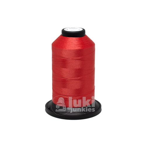 Close-up of a 1,600-yard spool of Aruvo Tex 90 bonded nylon thread in Red, showing its smooth texture and vibrant color.