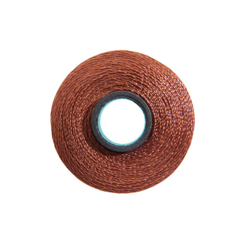 Close-up of a Glide 40 weight polyester thread bobbin in Mahogany, size L, with 72 yards of thread.