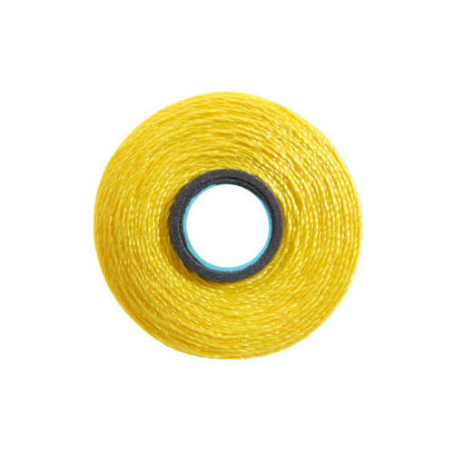 Close-up of a Glide 40 weight polyester thread bobbin in Bright Yellow, size L, with 72 yards of thread.