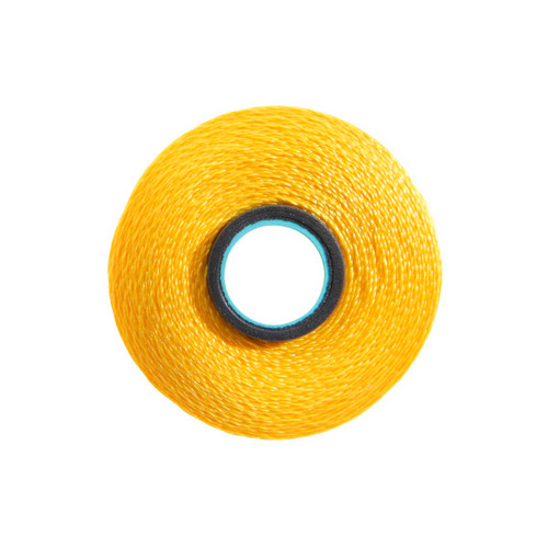 Close-up of a Glide 40 weight polyester thread bobbin in Mango, size L, with 72 yards of thread.