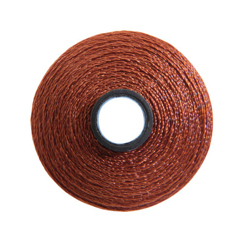 Close-up of a Glide 40 weight polyester thread bobbin in Mahogany, size M, with 132 yards of thread.