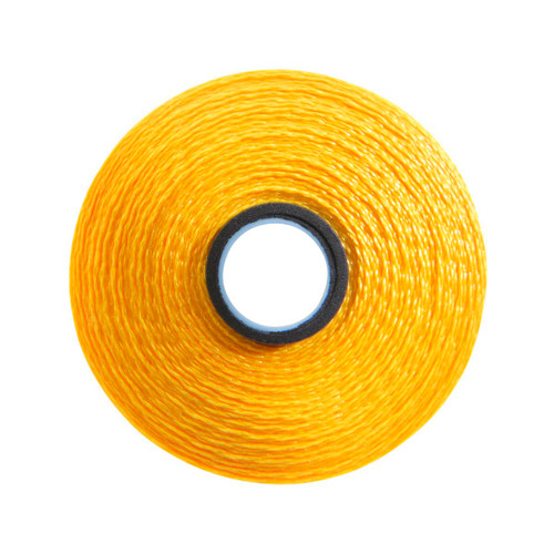 Close-up of a Glide 40 weight polyester thread bobbin in Mango, size M, with 132 yards of thread.